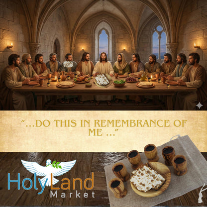 Holy Land Market Olive Wood Communion Cups & Plate Set KIddush - Communion Set Hand-Carved in Bethlehem – for Church Worship, Pastors & Ministries (Round Bowl + 6 Small Goblets)