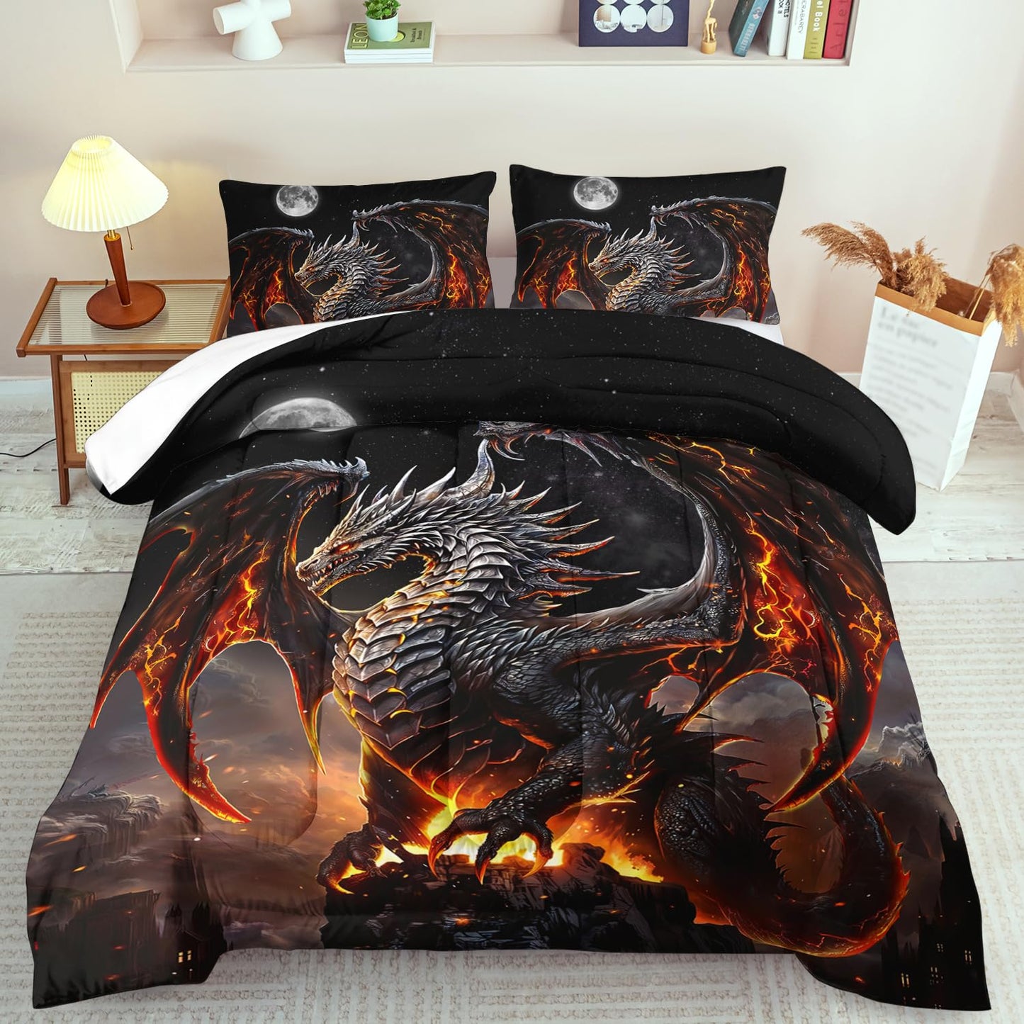 llyxsesty Black Dragon Comforter Set Full Adult,Flame Dragon Bedding Set for Boys,Magical Beast Bedding Fantasy Animal Comforter Beedroom Decor,Magical Beast Quilt Bed Decor