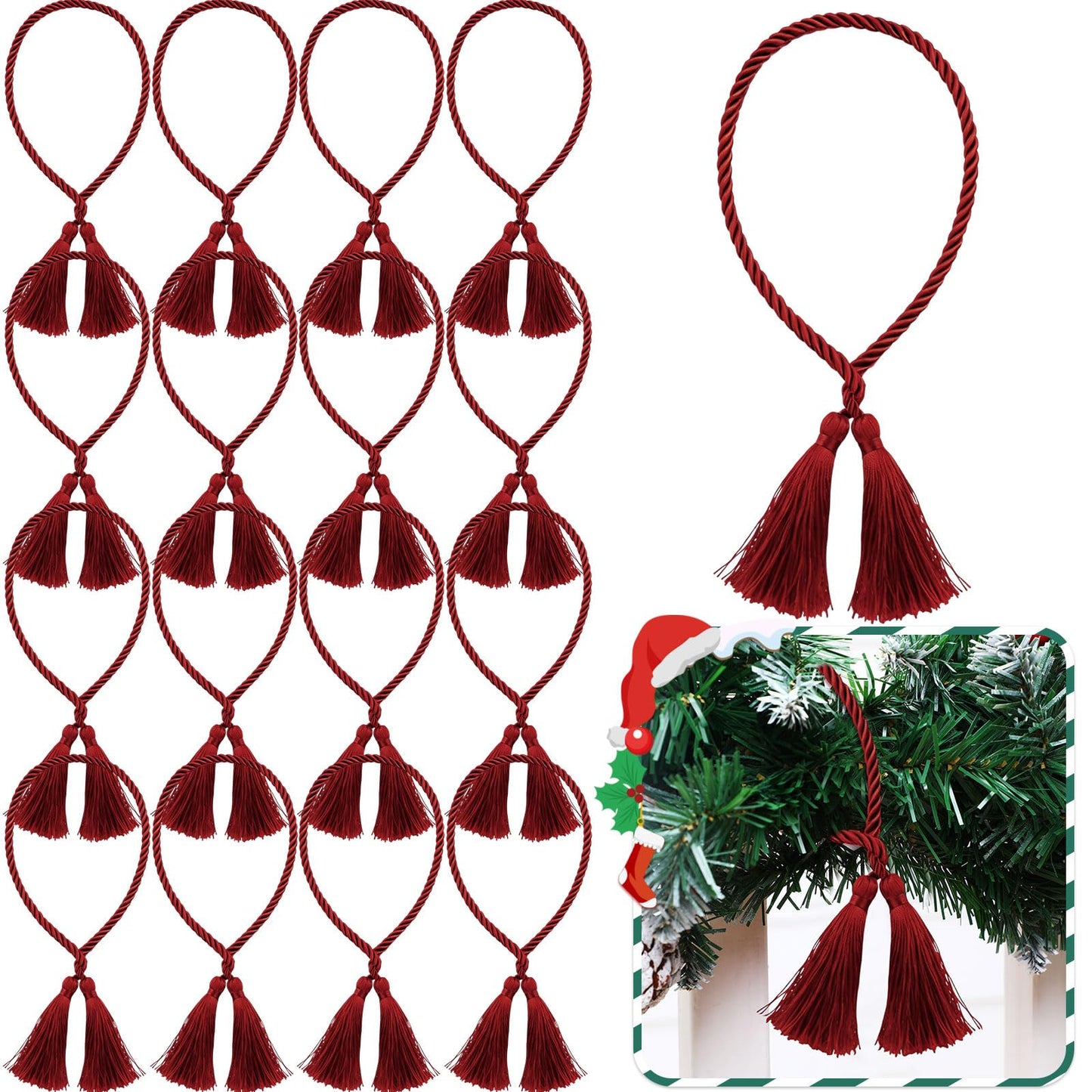 Zhengmy 15 Pcs 24 Inch Christmas Garland Ties with Tassels Decorative Twist Tie for Banister Reusable Flexible Twist Tie for Garland Fireplace Staircase Banister Home Xmas Holiday Decorations (Red)