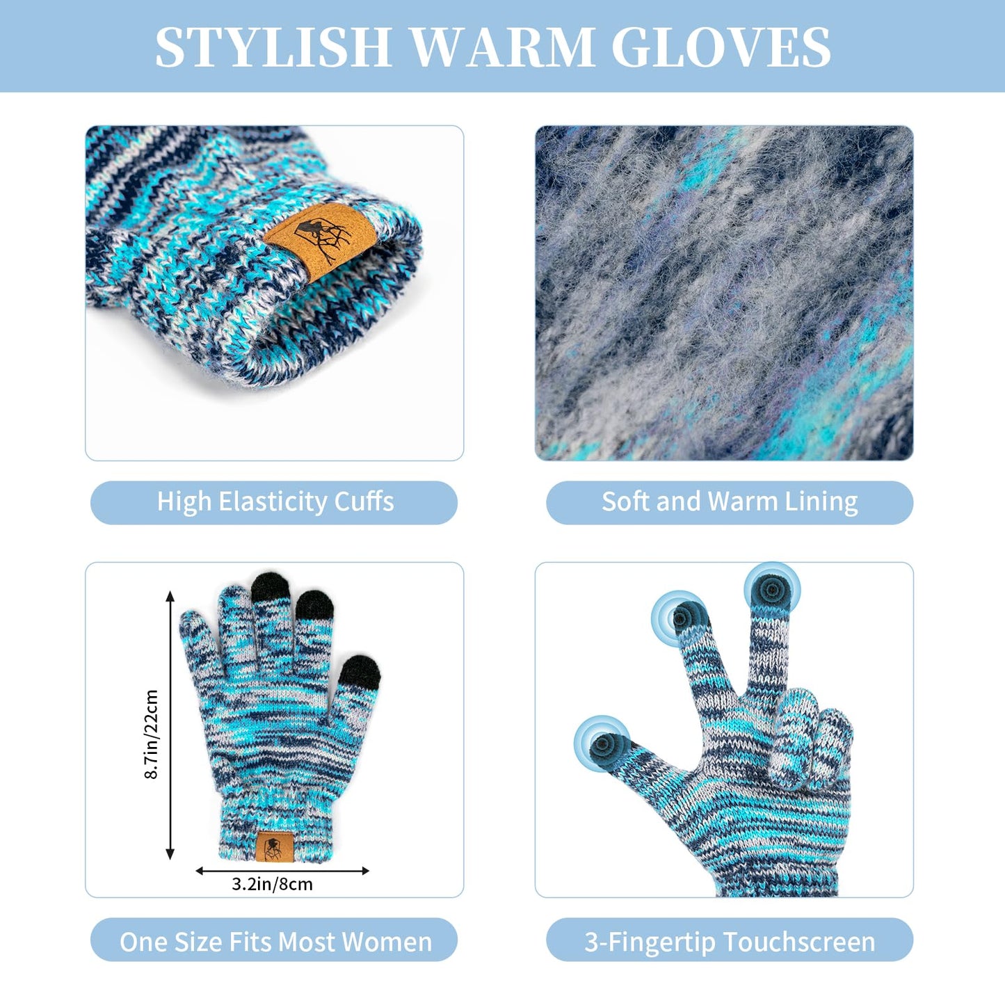 Womens Winter Warm Beanie Hat Touchscreen Gloves Lone Neck Scarf Set with Fleece Lined Pom Skull Cap Gift for Women 3PCS
