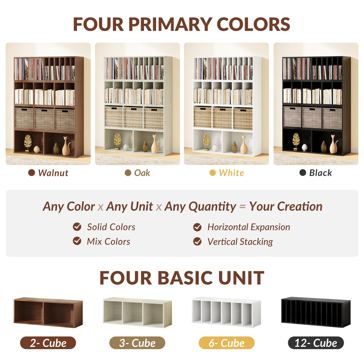 IOTXY DIY Modular Cube Bookcase - CubeXY Customizable Stackable Expandable Basic Shelving Units, 6-Cube Wooden Open Bookshelf with Removable Shelves for Books Organizer, Walnut