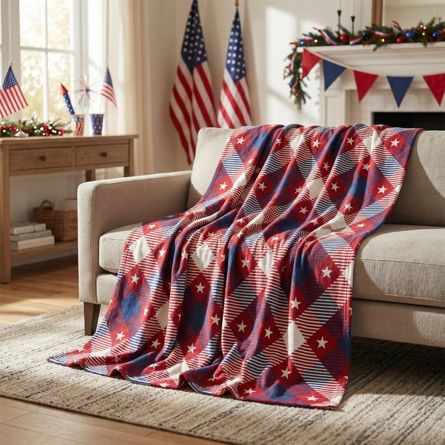 Horaldaily 4th of July Flannel Blanket Throw, Red Buffalo Plaid Stars Independence Day Memorial Day Soft Fuzzy Plush Cozy Fleece Blankets for Couch Sofa Bed Decor, Ideal Gifts for Kids Adults 50x60