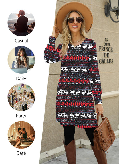 Kikibell Christmas Reindeer Long Sleeve Dress Ugly Christmas Sweater for Women Christmas Dresses for Women Plus Size Winter Dresses