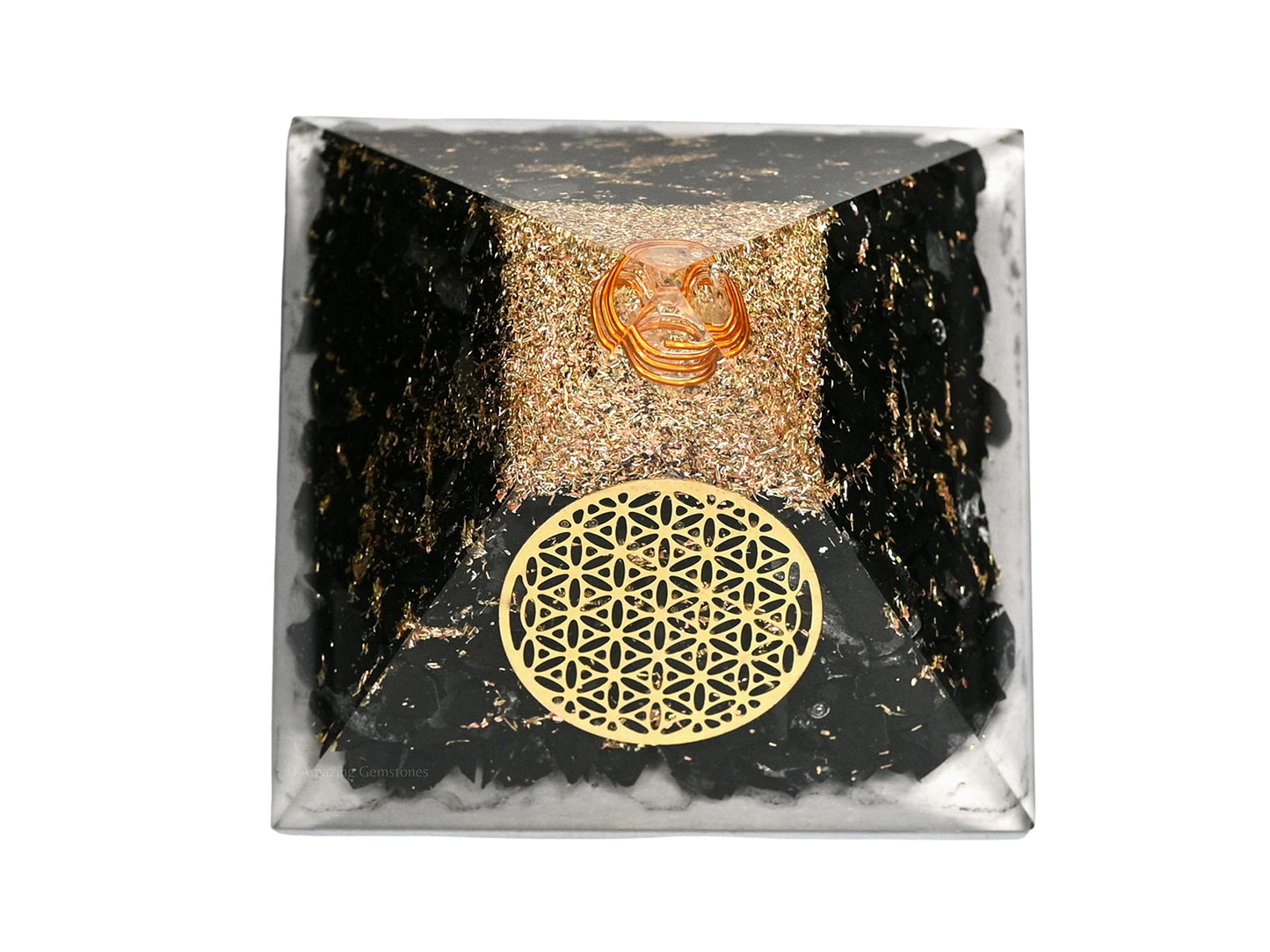 Amazing Gemstone Large Shungite Orgone Pyramid Crystal - Flower of Life Orgonite Pyramid - Positive Energy Healing