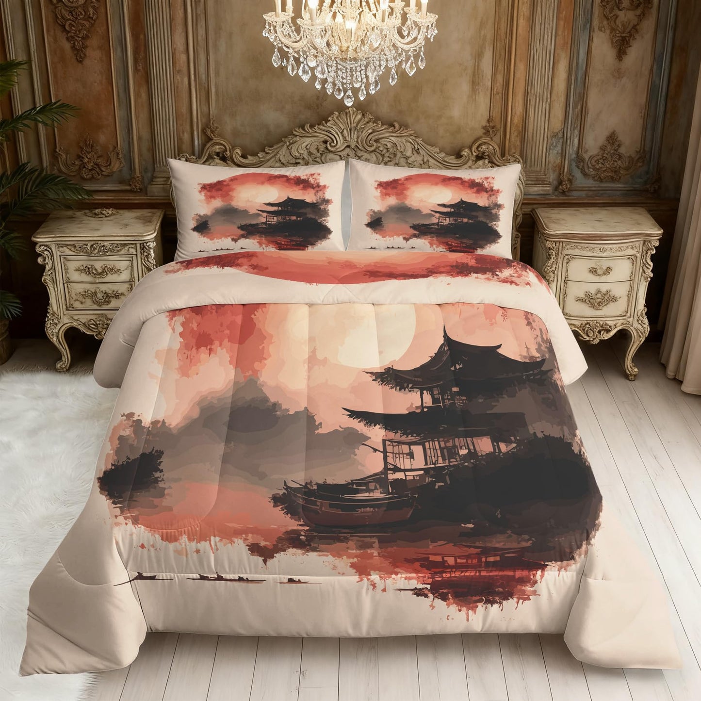 ZDABAOEC Japanese Twin Comforter Set 2 Piece, 1 Pillow Sham, Oriental Asian Chinese Style Ink Art Reversible Down Alternative All Season Bedding, Soft Microfiber, Japanese Bedroom Decor