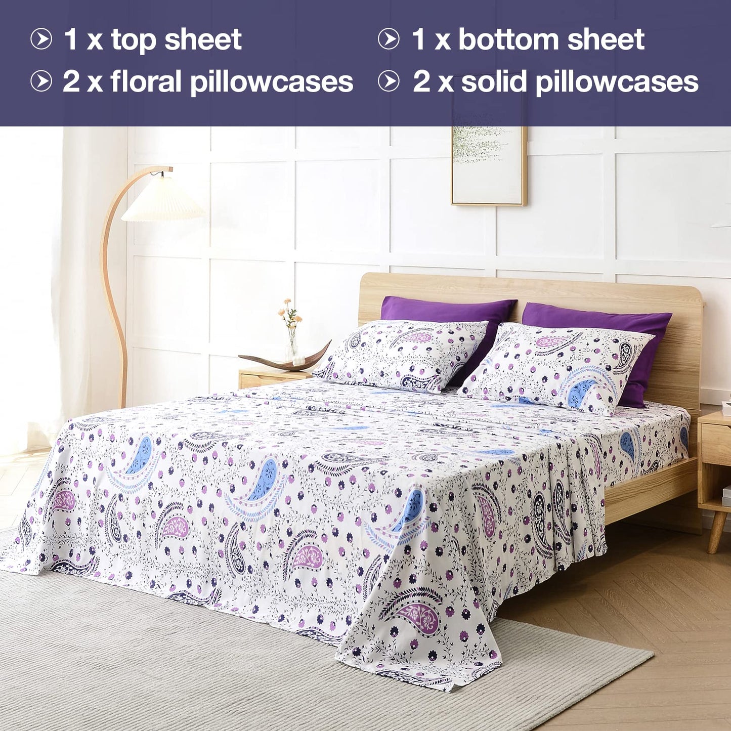 JSD 6 Piece Paisley Printed Sheet Set King Size, Soft Purple Pattern Microfiber Bed Sheets Deep Pocket