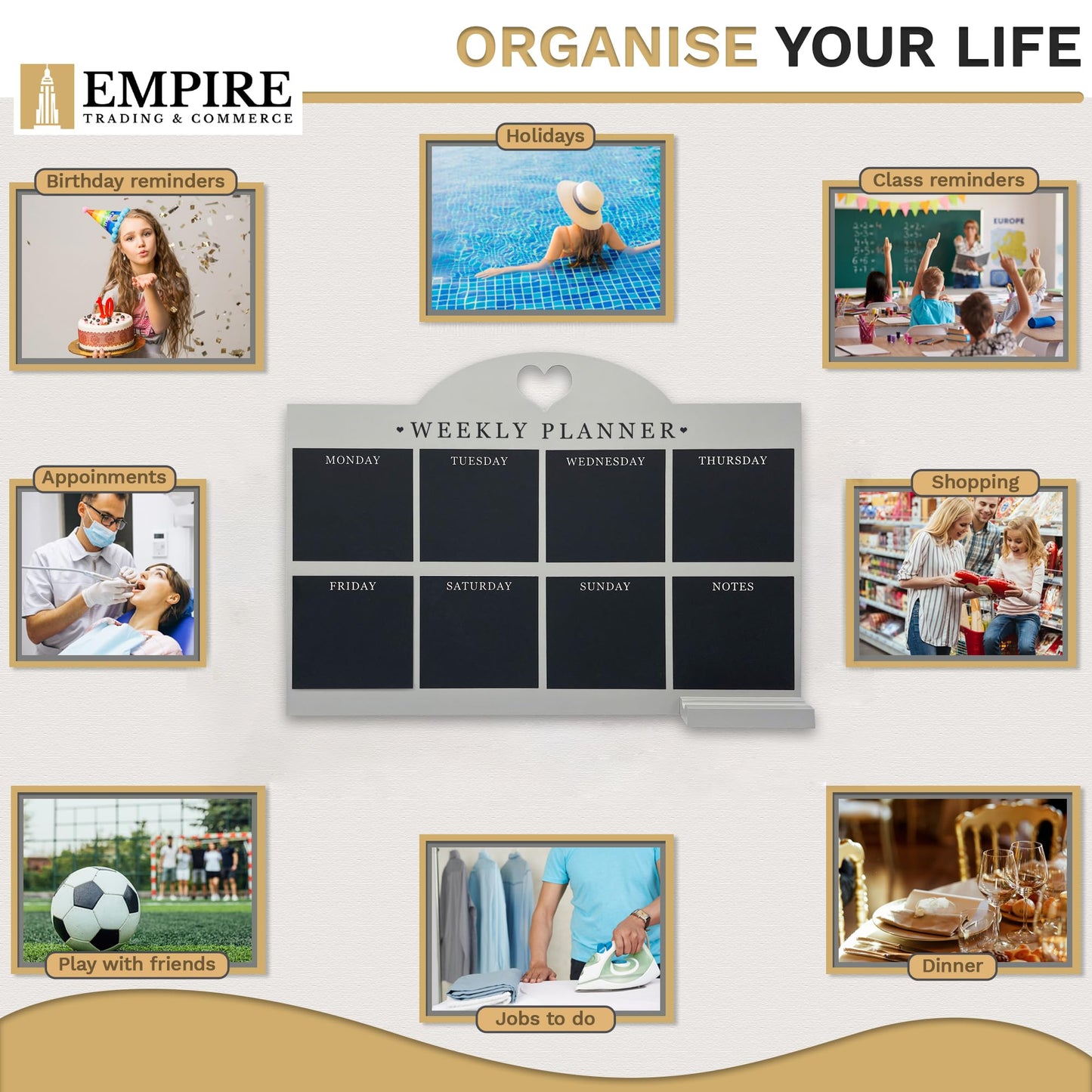 Empire Weekly Planner and Menu Board for Kitchen, Work Planner Blackboard, Wall Mounted Daily Planner with a Pen, To Do List, Dry Erase Meal Planner with White Cloth for Office & Home (Standard, Grey)