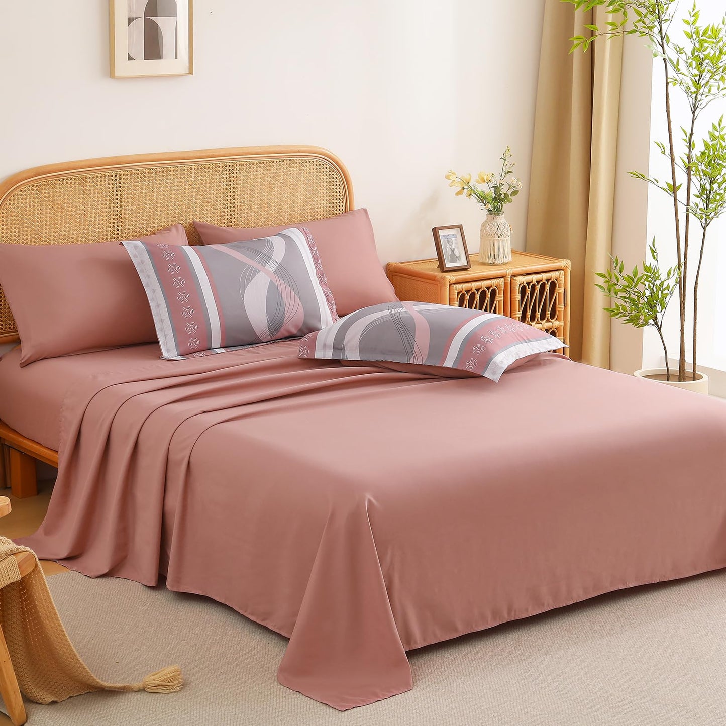 Anibedding Comforter Set King Size,8 Pieces Pink Boho Bed in a Bag Patchwork Striped Comforter Set, Soft Microfiber Bedding Set for All Season(104"×90")