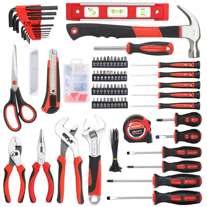 FASTPRO 220-Piece Home Tool Set, Household Repairing Tool Kit with 12-Inch Wide Mouth Open Storage Tool Bag, Red