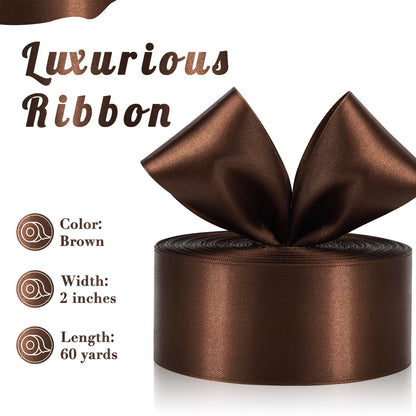 Sagaat Brown Satin Ribbon 2 Inch 60 Yards, Brown Ribbons for Flower Bouquet, Wedding, Crafts, Gift Wrapping, Baby Shower, Christmas, Easter, Halloween