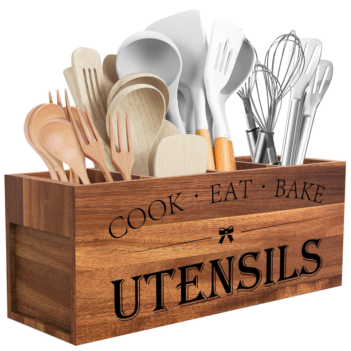 Suli Acacia Wood Utensil Holder for Kitchen Counter,Extra Large Utensils Holder with 4 Compartments,Caddy Organizer for Countertop, Farmhouse Kitchen Decor, Rustic Cooking Utensil-Acacia Brown