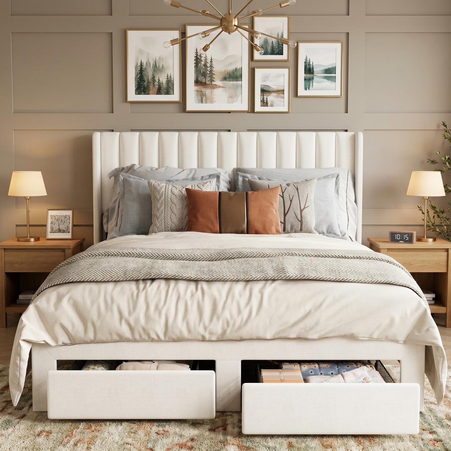 GarveeHome Queen Size Bed Frame, Bed Frame Upholstered Platform Bed with Velvet Headboard, Wing Edge Design, 2 Storage Drawers, No Box Spring Needed, Beige