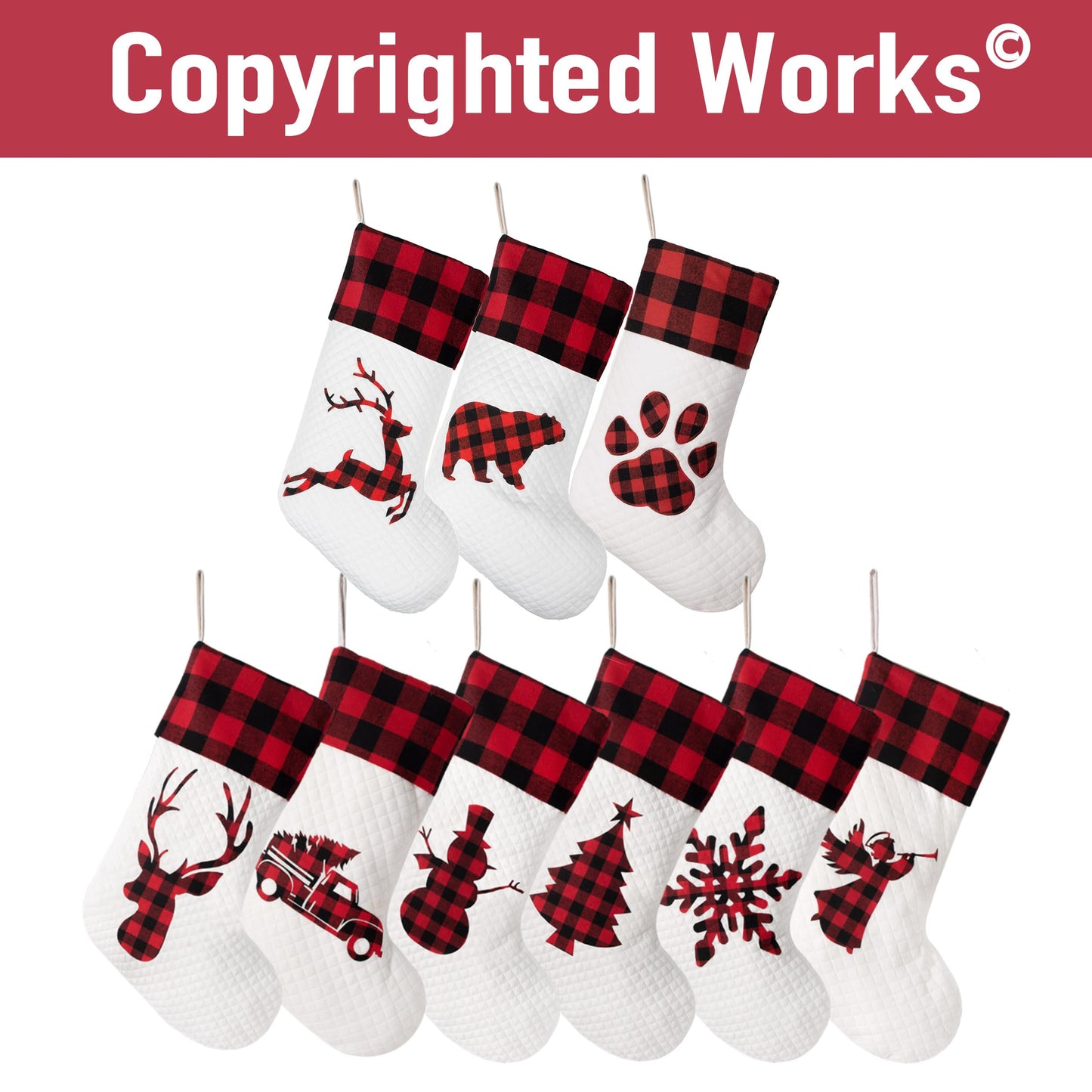 LUBOT Set of 6 Christmas Stocking(20inch) Silhouette Buffalo Red Plaid/Rustic/Farmhouse/Country Cotton Fireplace Hanging Xmas Stockings Decorations for Family Holiday Season Decor