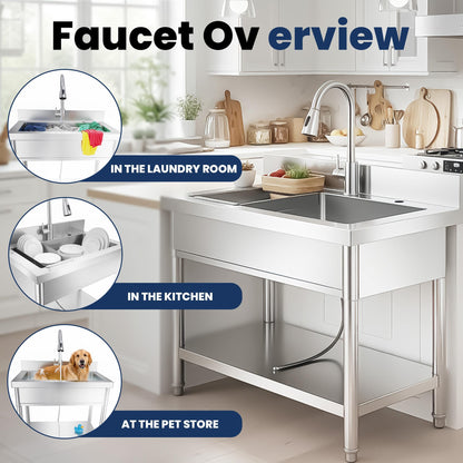 31 Inch Laundry Room Stainless Steel Utility Sink Single Bowl, with Retractable Hot & Cold Faucet, Hose and Drain Kit for Daily Household Use