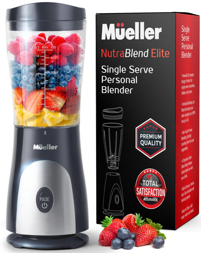 Mueller Smoothie Blender for Smoothies - Personal Blender for Shakes, Frozen Drinks, Baby Food & More, 15oz Travel Cup and Lid, Durable Stainless Steel Blades for Powerful Blending Performance, Black