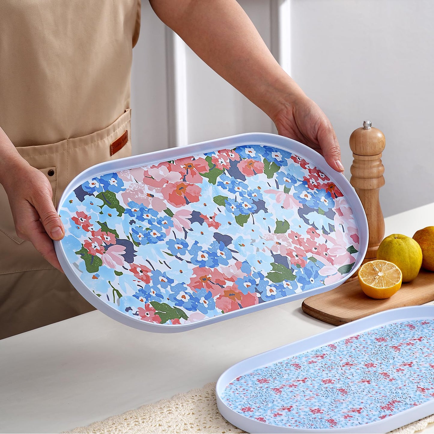 17 Inch Melamine Serving Trays Set of 2, Large Oval Platters, Unbreakable & Dishwasher Safe Lipped Trays for Indoor/Outdoor Use, Modern Art Decorative Dinner Set (2 Piece with Different Designs)