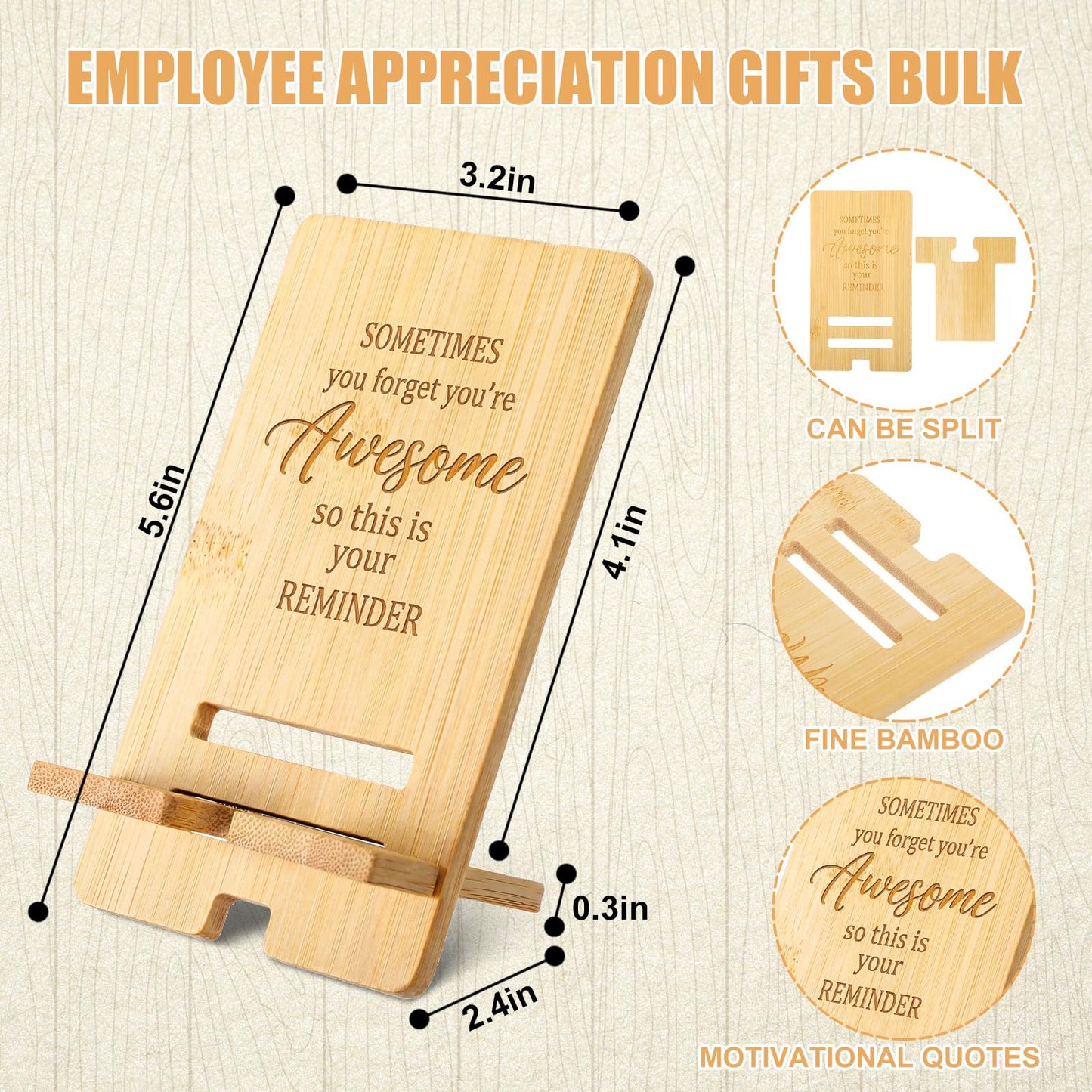 Ripeng 24 Pcs Employee Appreciation Gifts Bulk Bamboo Phone Stand for Desk Office Worker Thank You Gift for Administrative Team Coworkers Staff Graduation Nurse Teacher Week (Awesome Reminder)
