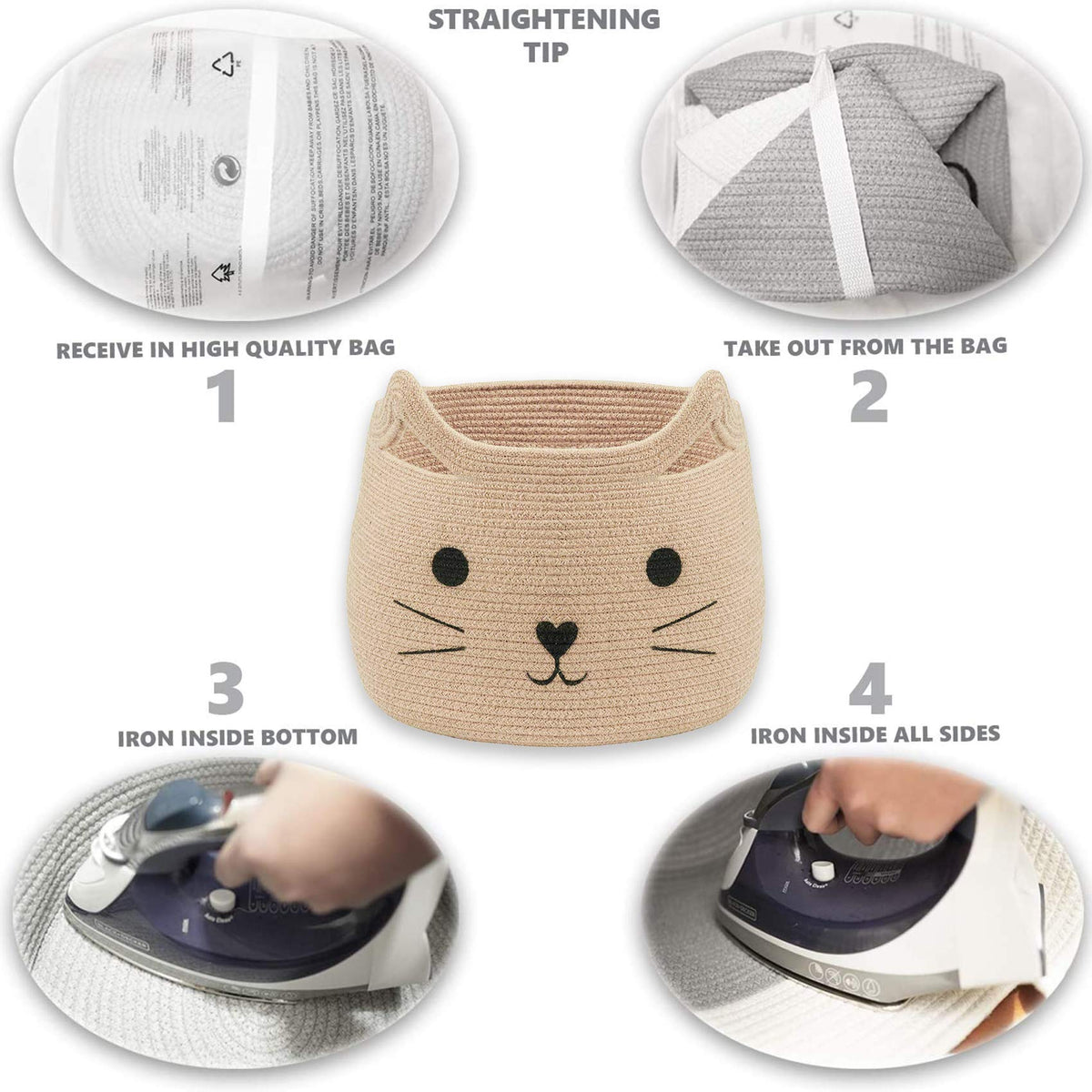 VK VK·LIVING Animal Baskets Large Woven Cotton Rope Storage with Cute Cat Design Laundry Organizer for Towels, Blanket, Toys, Clothes, Gifts – Cat Toy Box Pet or Baby Gift Baskets 15"Lx14H"