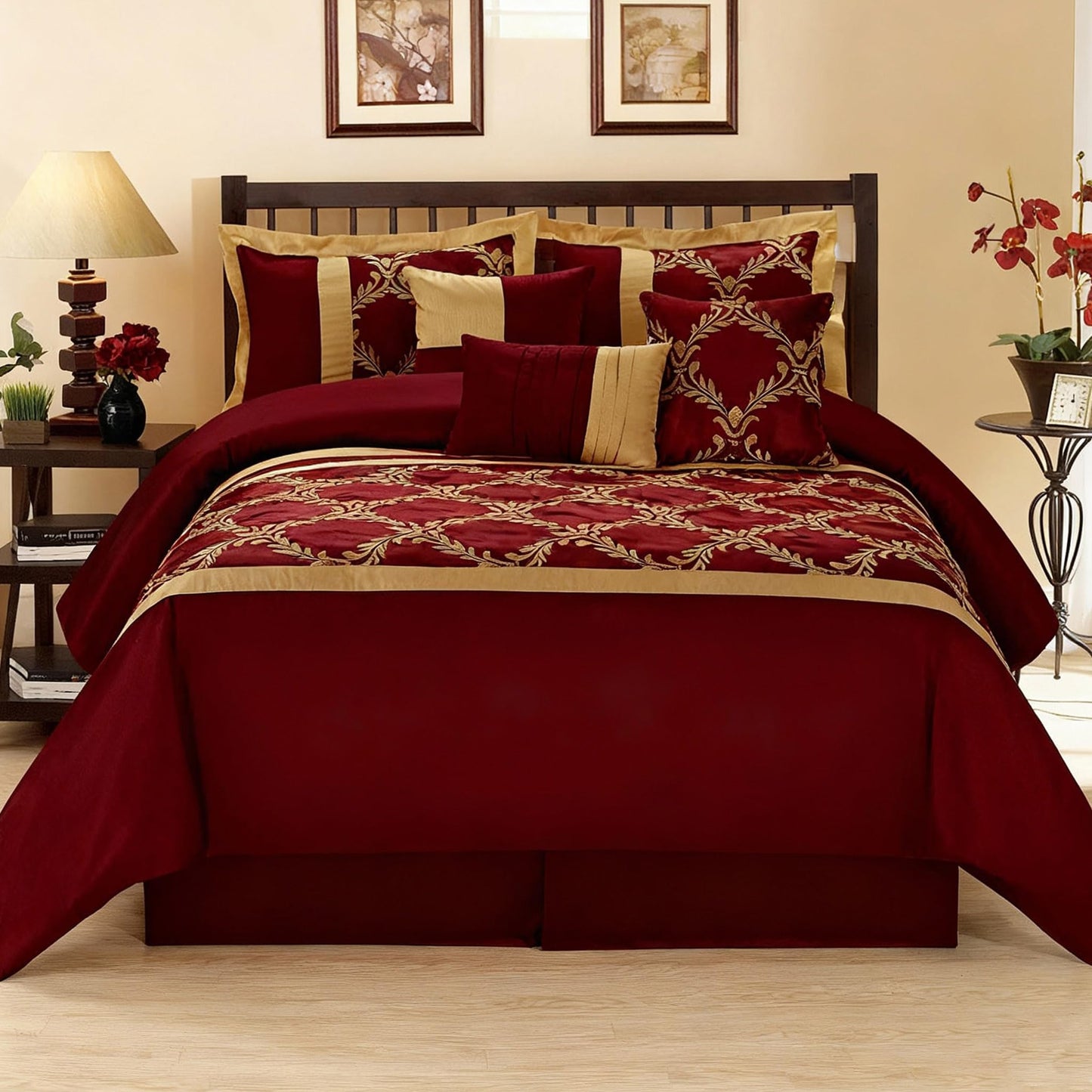 HIG 7 Piece Bed in A Bag Comforter Set King - Burgundy and Gold Faux Silk Fabric Embroidered - Breathable and Wrinkle Resistant - 1 Comforter, 2 Shams, 3 Decorative Pillows, 1 Bedskirt