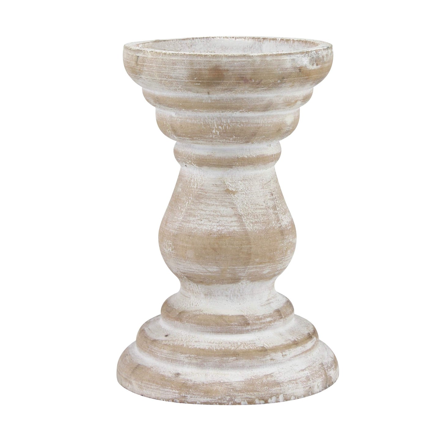 Stonebriar Antique White Wooden Pillar Candle Holders, Vintage Seaside Stand for Table Top, Medium and Small