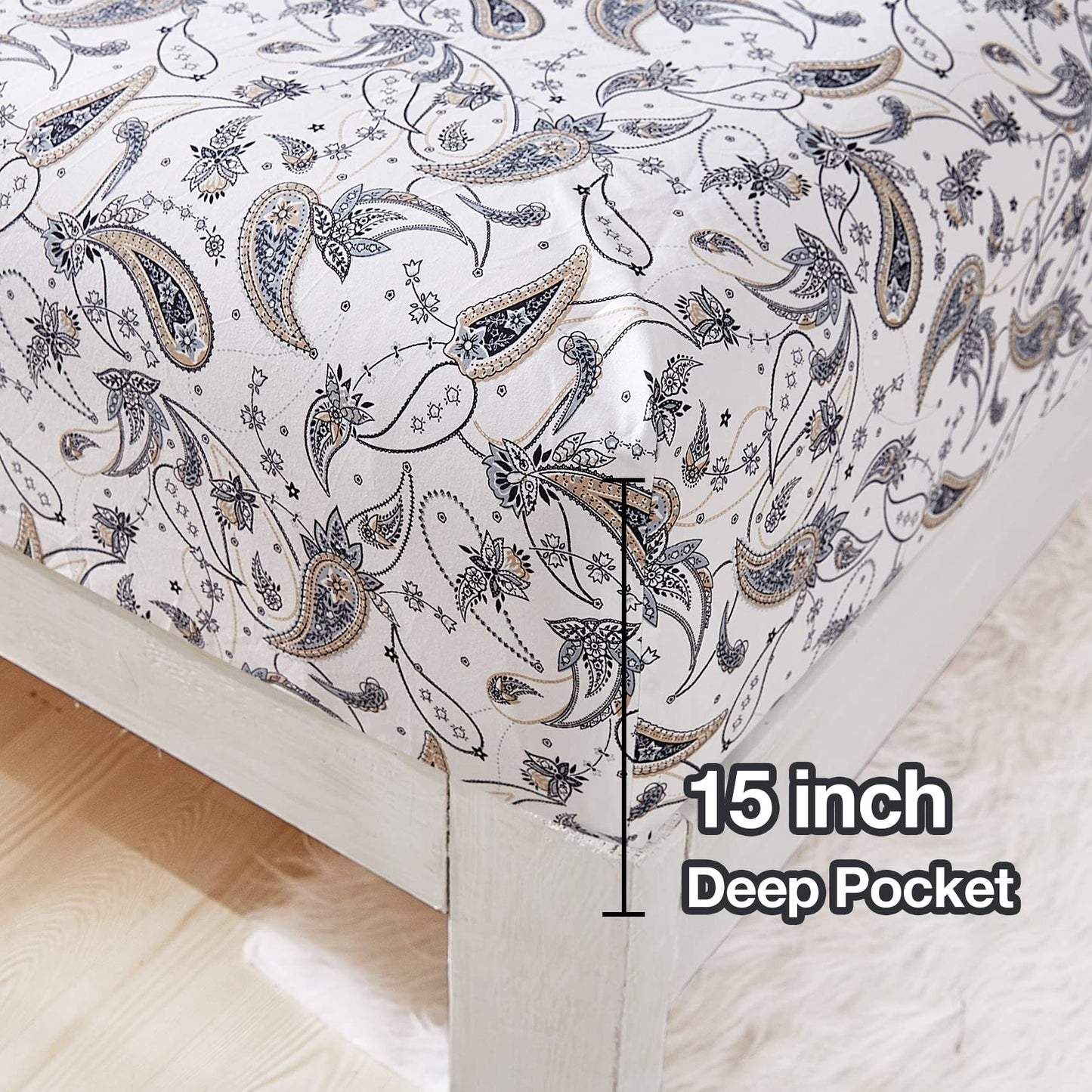 JSD Grey Paisley Printed Sheet Set Queen Size, 4 Piece Soft Retro Pattern Microfiber Sheets Extra Deep Pocket
