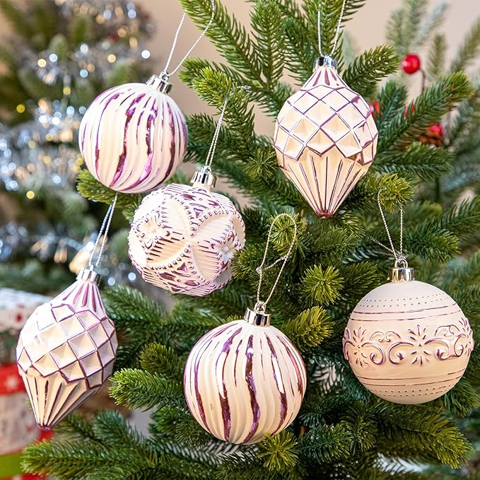 16PCS Shatterproof Christmas Ball Ornaments Set, Hand-Painted Holiday Decor with Assorted Sizes & Designs for Christmas Tree Thanksgiving Party Decoration, Pink-White