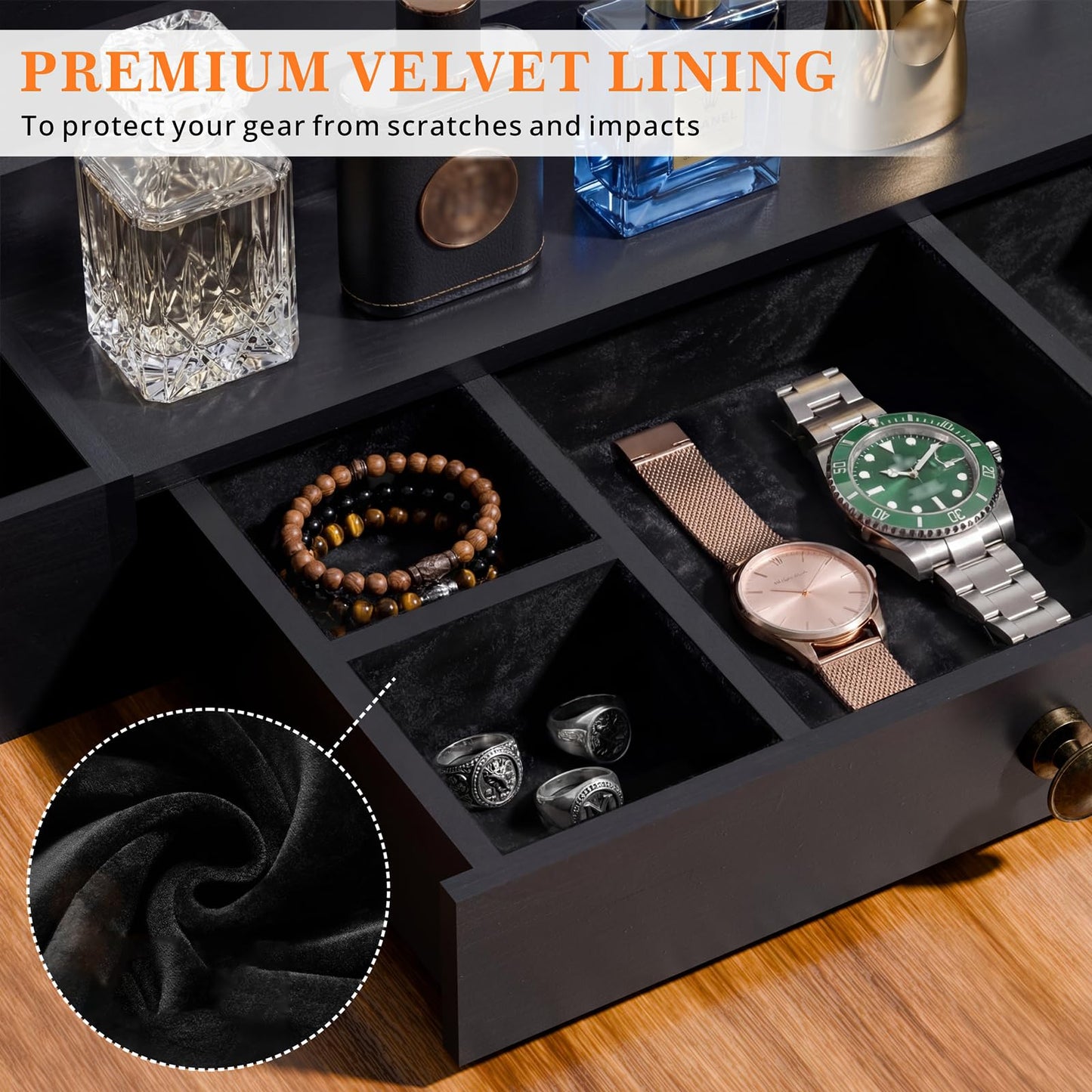 Aollewoiti Cologne Organizer for Men, 4-Tier Wooden Perfume Stand with 3 Velvet Lining Drawers, Large Capacity Perfume Display, Black Fragrance Storage Shelf for Dresser, Mens Gift for Birthday Father's Day