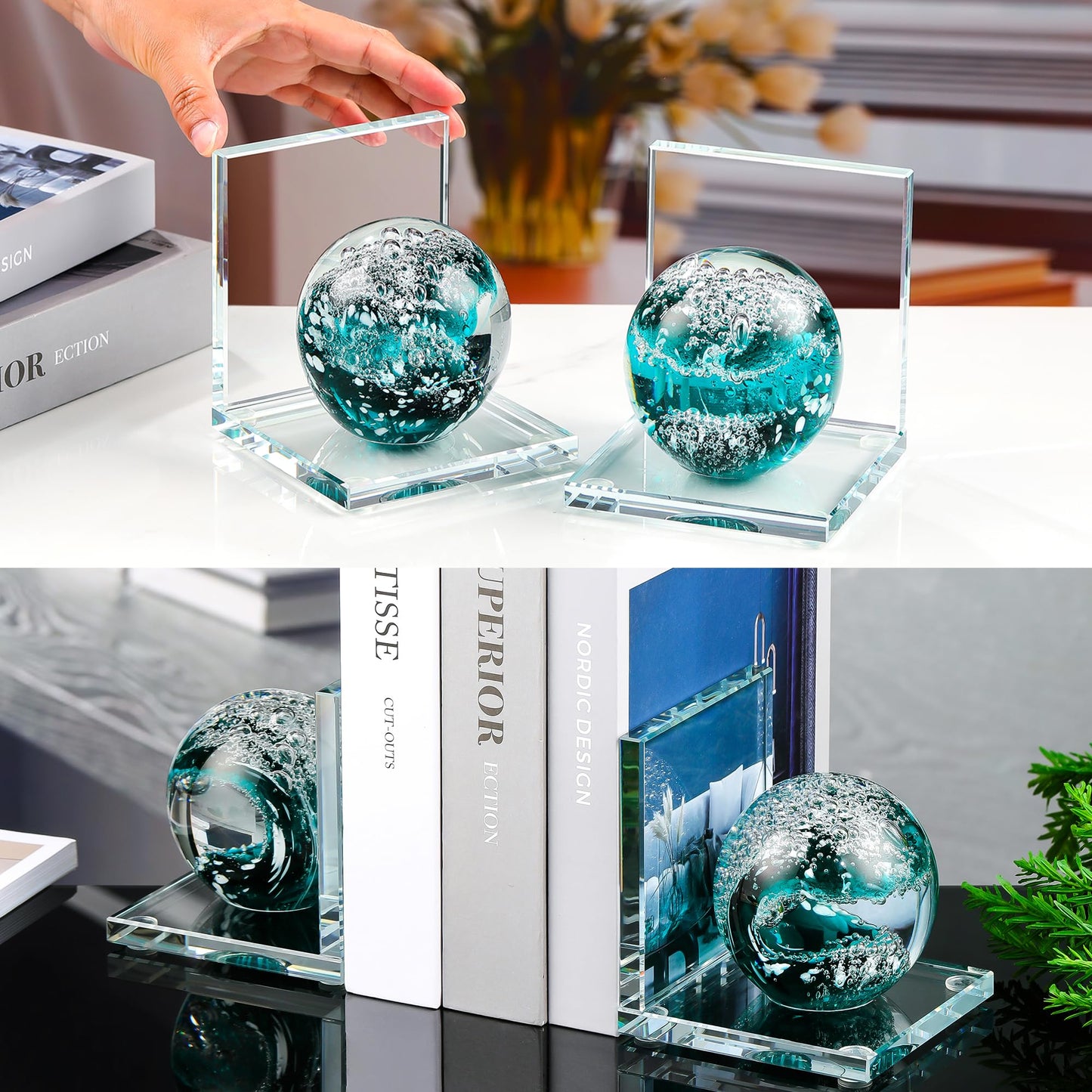 Book Ends for Shelves, Glass Bookends with Dark Blue Glass Hand Blown Sea Wave Ball, Non Skid Sturdy Decorative Bookends for Ocean Lovers, Heavy Books, Office, Set of 2