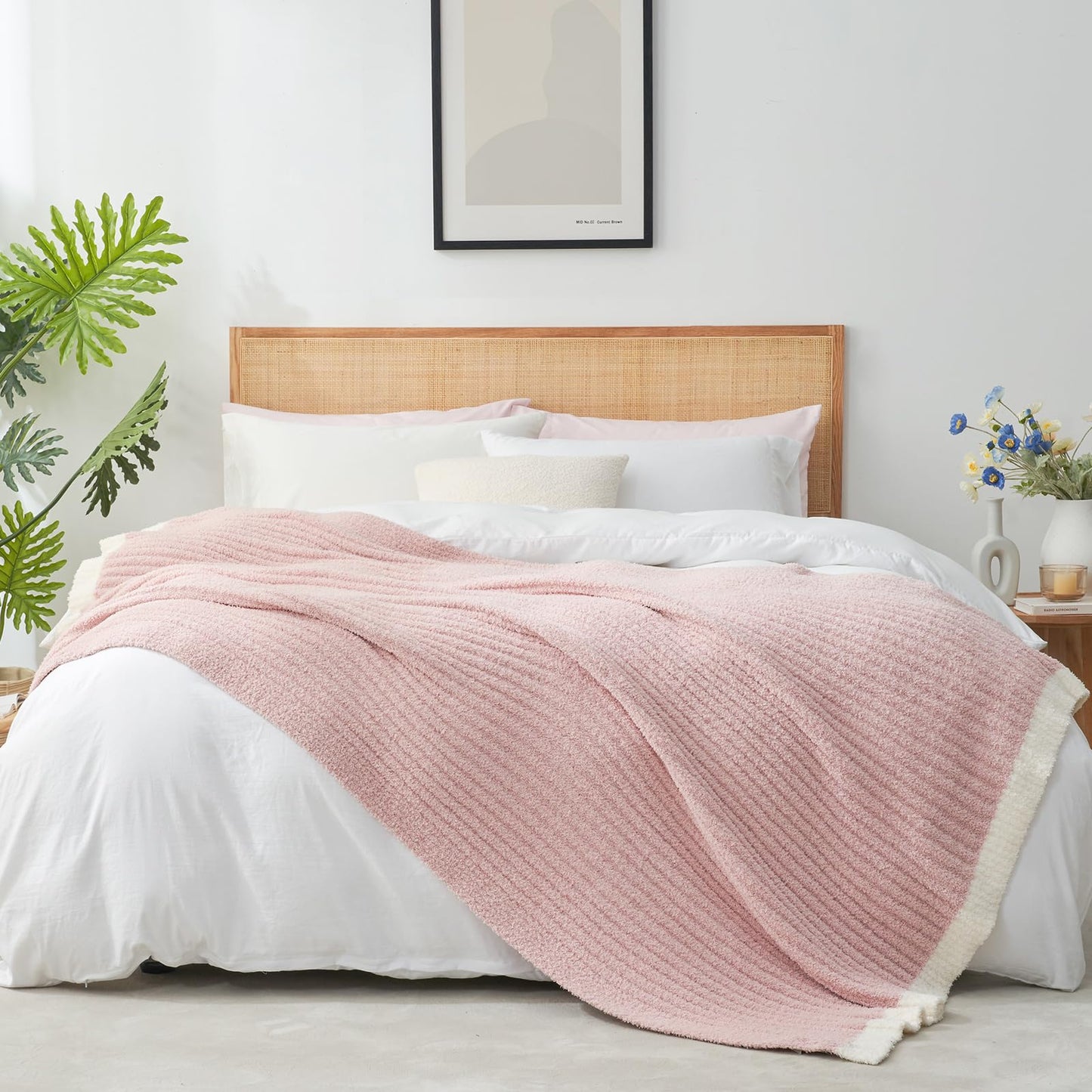 Snuggle Sac Summer Pink Throw Blanket for Couch, Soft Cozy Ribbed Fluffy Blankets for Women, Warm Microfiber Knit Cute Throws for Girls Daughter Gifts, Pink, 50x60 inches