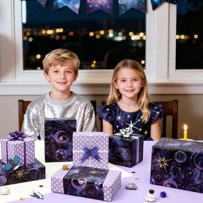 WERNNSAI Galaxy Wrapping Paper Roll - 1 Roll 17” x 33 ft Purple Dark Night Sky Nebula Star Wrapping Paper for Boys Girls Reversible Polka Dot Design Gift Wrap for Birthday Holiday Baby Shower Party Favors