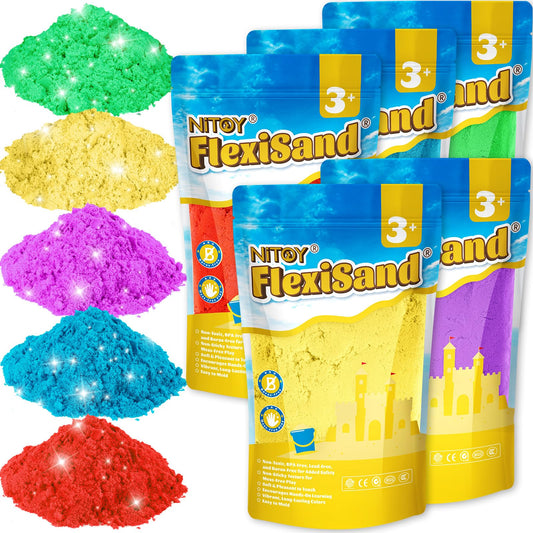 FlexiSand Value Pack 11lbs/5kg of 5 Colored Moldable Self-Sticking Sand, Never Dries Out - Fun for Kids Bulk Refill for Sensory Sand Box Toys, Ideal for Shaping, Squeezing, Rolling and Molding