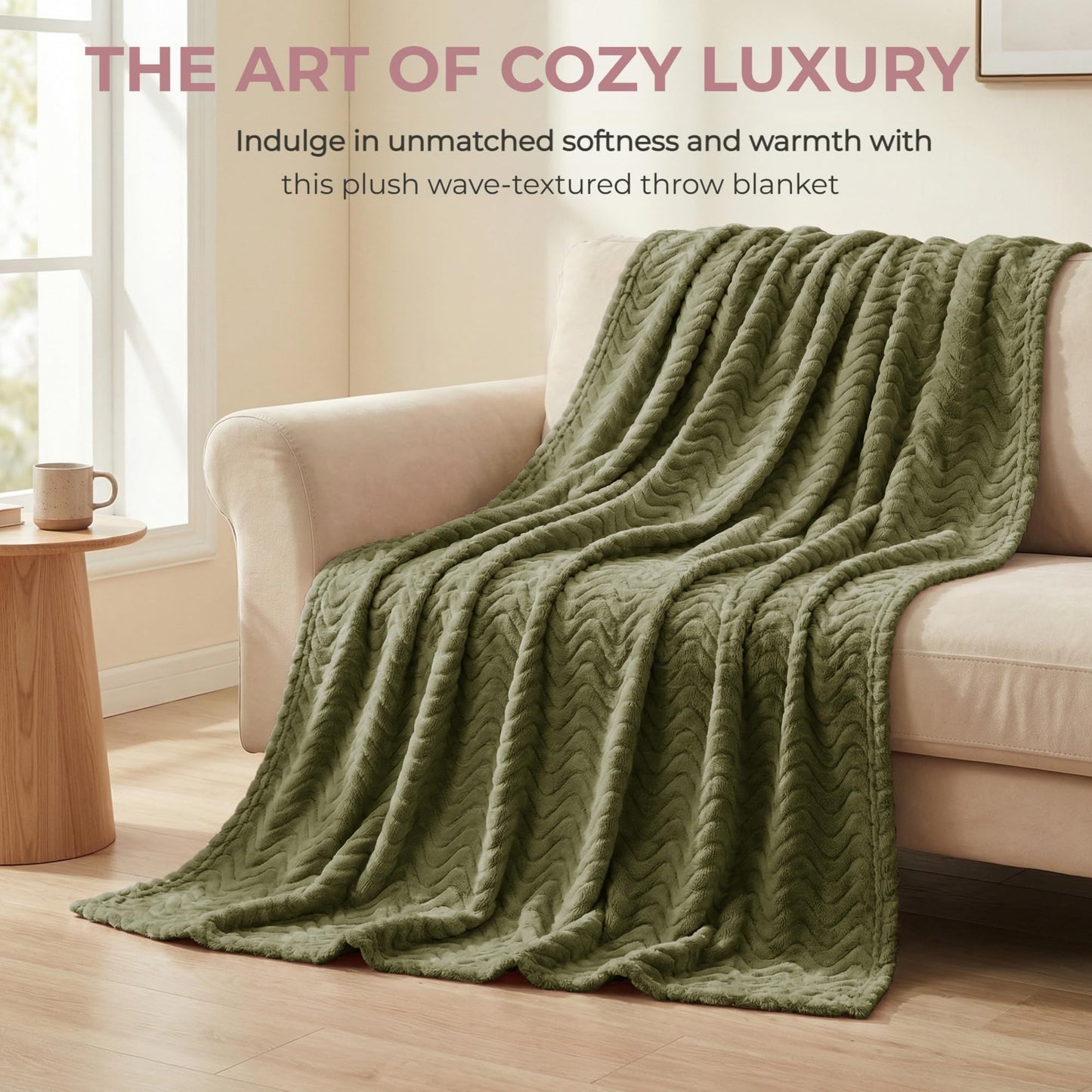 Exclusivo Mezcla Fleece Throw Blanket for Couch, Lightweight Jacquard Bed Blanket for Spring Summer, Soft Cozy Breathable Throws, Olive Green, 50x70 Inches