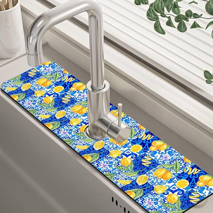 Blue Tiles and Yellow Lemon Sink Faucet Absorbing Mat Sink Splash Guard Faucet