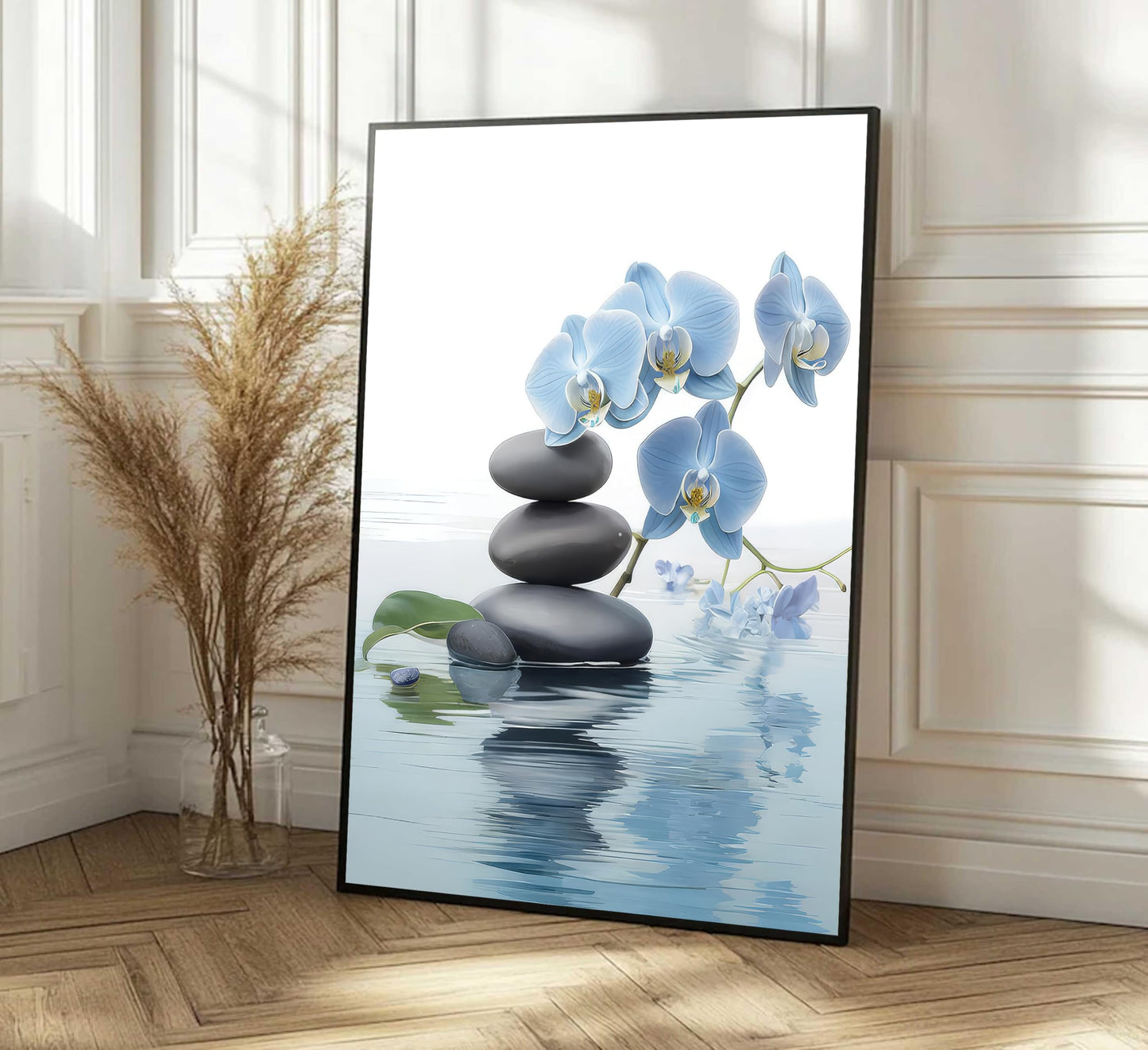 Framed Zen Canvas Wall Art Spa Stone and Elegant Blue Orchid Flower Spiritual Painting Pictures Wall Decor Poster Print Artwork for Bathroom Office Yoga Room Spa Room Meditation Room Decoration
