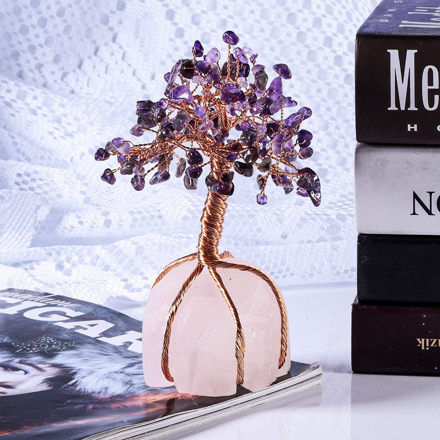Cheungshing Crystal Copper Tree Wrapped with Raw Rose Quartz Base, Bonsai Tree for Home Office Living-Room Decor, Amethyst