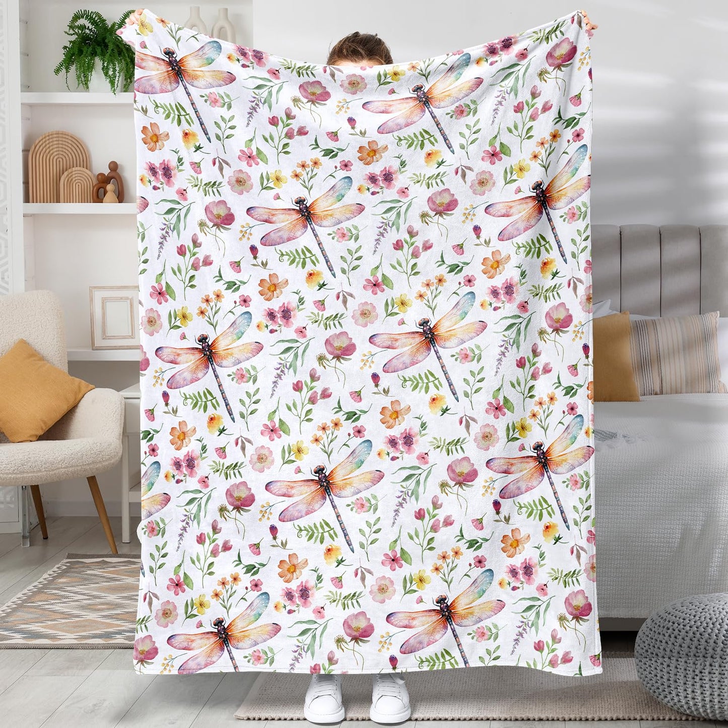 Floral Throw Blanket Flower Plant Bed Blankets Dragonfly Print Blanket Warm Cozy Blankets Super Soft Plush Flannel Fleece Blankets for Couch Bed Sofa 50"x60"