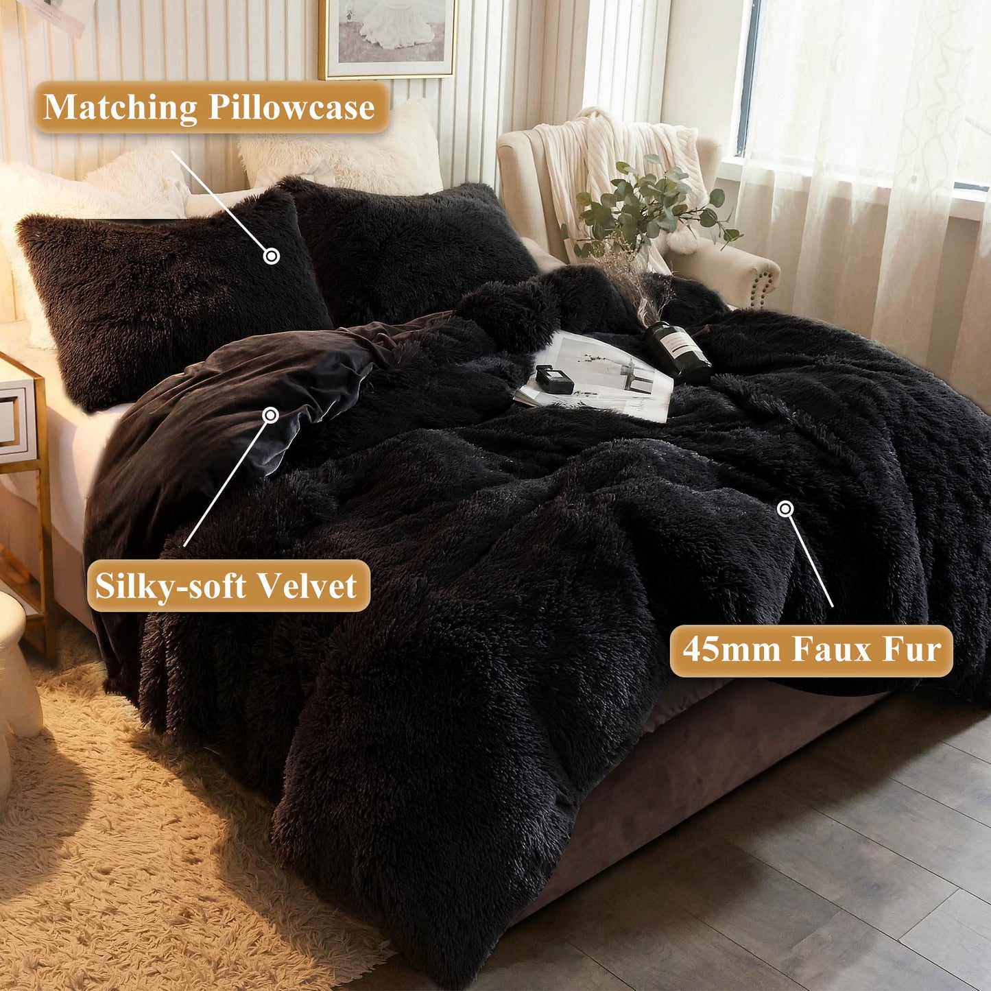 XeGe Plush Shaggy Duvet Cover Set, Luxury Ultra Soft Crystal Velvet Fluffy Bedding Sets 2 Pieces(1 Faux Fur Furry Comforter Cover + 1 Fuzzy Faux Fur Pillow Case), Zipper Closure (Twin, Black)