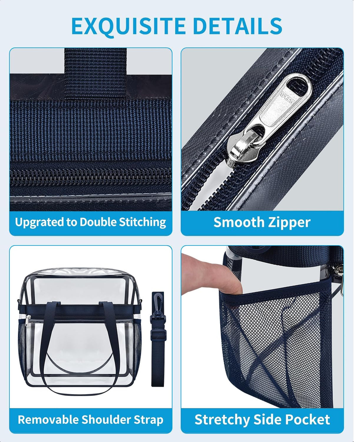 Paxiland Clear Bag for Stadium Events 12x6x12, Clear Tote Bag with Reinforced Strap, Transparent Bag for Sports Concert - Navy