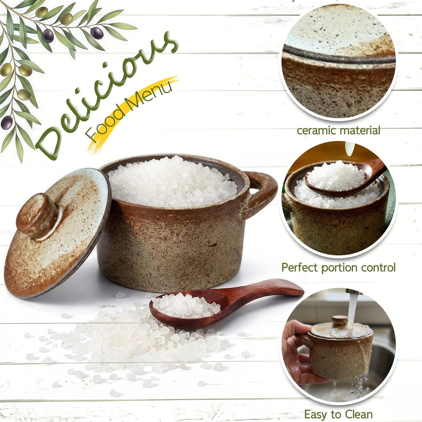 BSTUR 2 Pack Speckled Ceramic Salt Cellar with Lid – Rustic Farmhouse Ceramic Salt Holder, Countertop Bowl, Storage Container, Well Dish Jar for Spices (Retro Color)