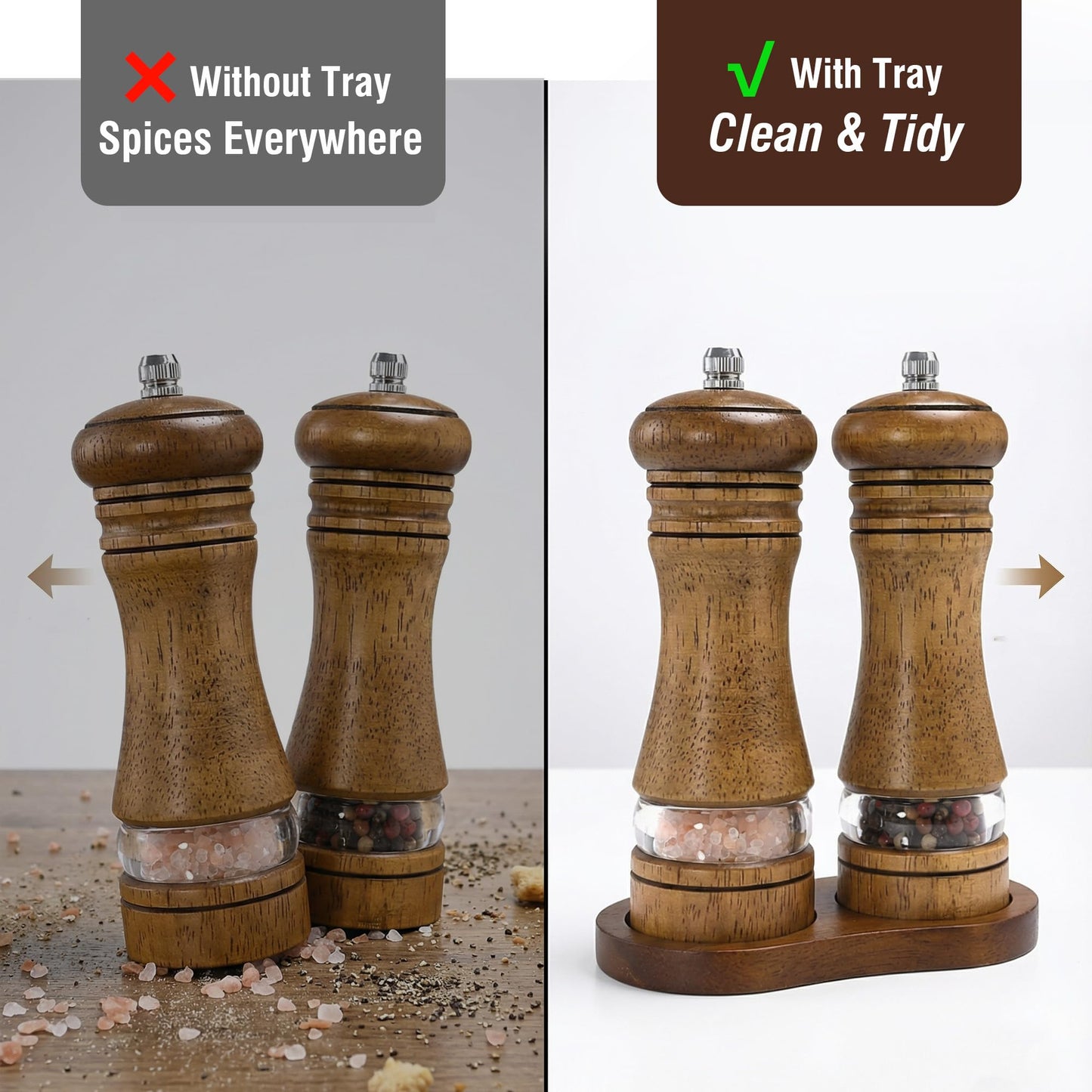 M JINGMEI Wooden Salt and Pepper Grinder Set, Premium Oak Wood Salt Grinders Shakers, Pepper Mill with Acrylic Clear Window, Adjustable Ceramic Grinder (6″ - 2 Packs with Tray)