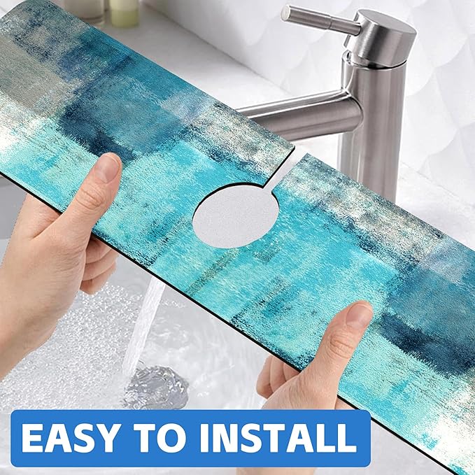 Kitchen Sink Splash Guard Faucet Mat Abstract Teal and Grey Geometric Absorbent
