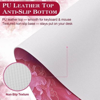 UGYAZX Desk Mat Desk Pad for Keyboard and Mouse, 31.5 x 15.7 in, Pink Peony Floral PU Leather Computer Protector, Non-Slip Base, Waterproof, Easy Clean for Office Gaming, Mouse Pad