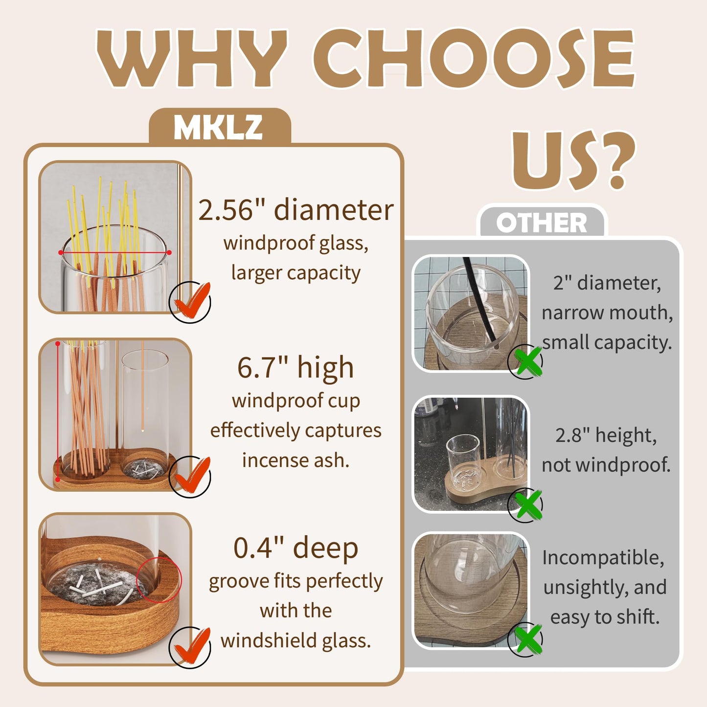 MKLZ 2 in 1 Incense Holder for Sticks with Glass Ash Catcher, Anti-Ash Flying Upside Down Insence Stick Burner, Modern Vertical Inscents-Sticks Holder for Yoga Spa Meditation Home Decor