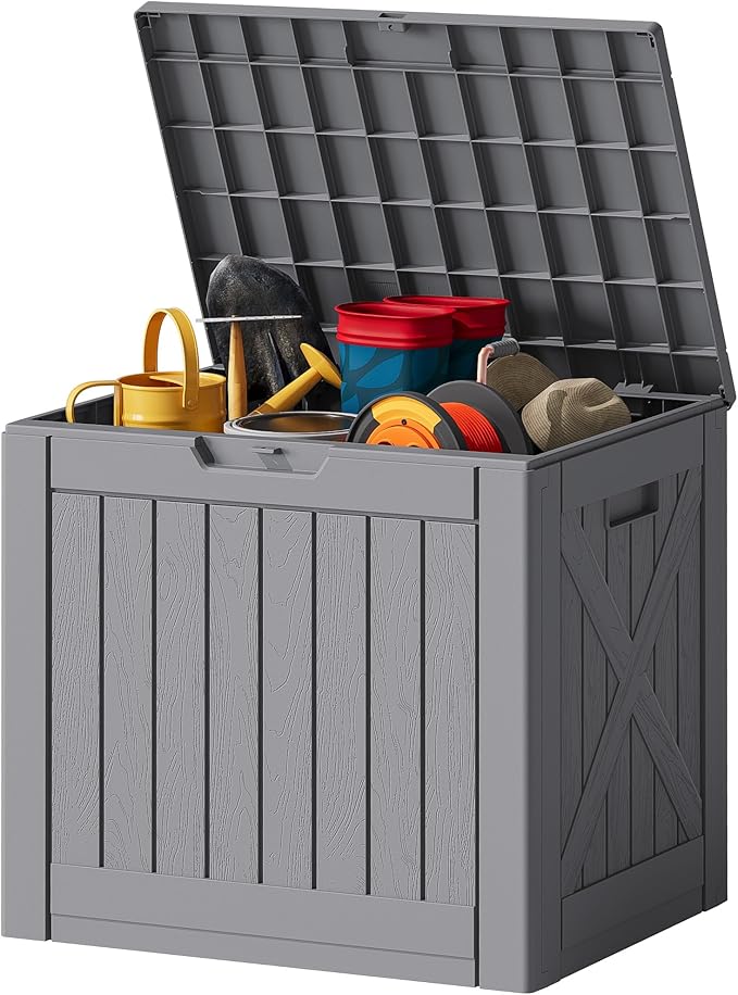 JUMMICO 42 Gallon Deck Box Waterproof, Resin Outdoor Storage Box with Side Handles, Outdoor Storage Benches Lockable for Patio Cushions and Garden Tools (Gray)