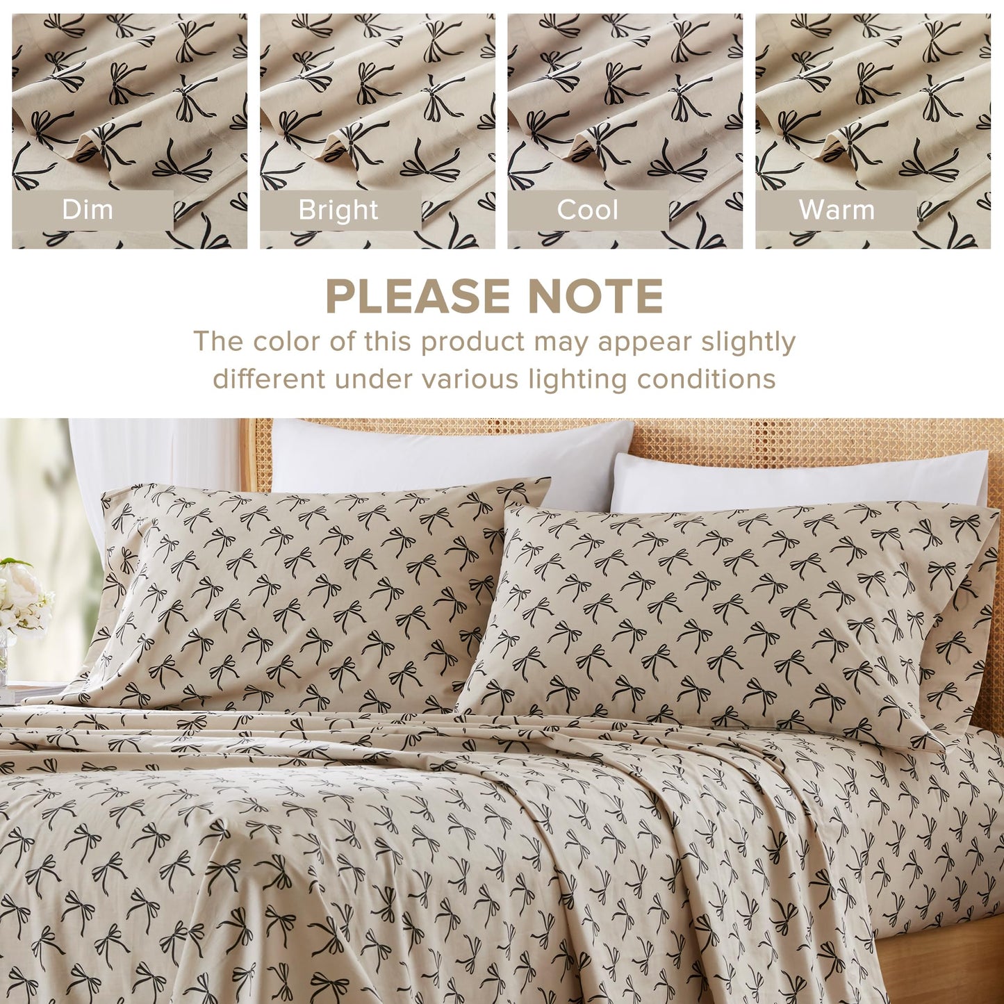 Comfort Spaces 100% Cotton Sheets Full, Breathable, Naturally Cool Cotton Sheets, Soft Cotton Bed Sheets with 14" Elastic Pocket Fits up to 16" Mattress, All Seasons Sheet Set, Bow Black/Taupe 4 Piece