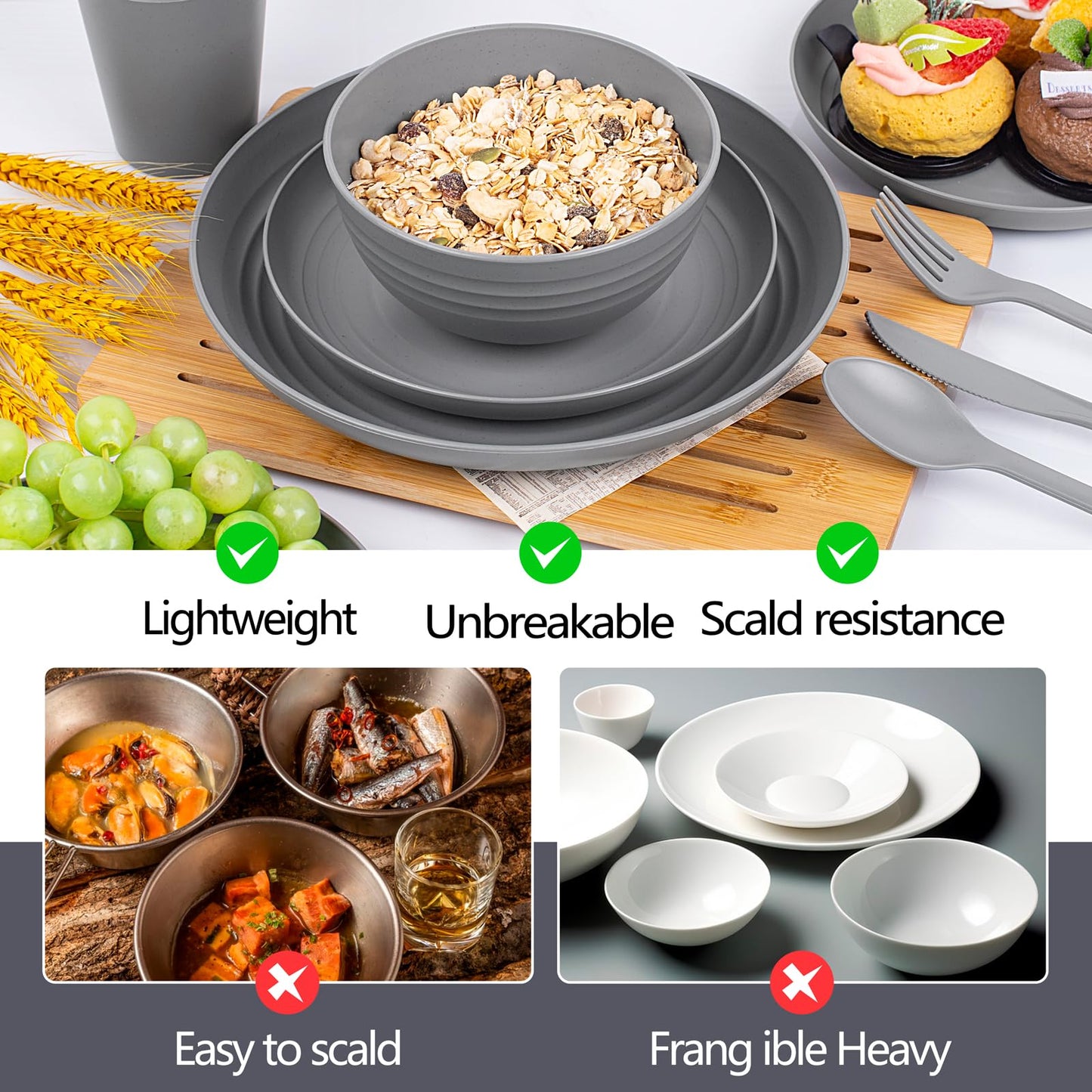 EI 42pcs Wheat Straw Dinnerware Set,Reusable Plastic Plates Unbreakable,Plates and Bowls Sets for College Dorm Room,Camping,Picninc,Halloween
