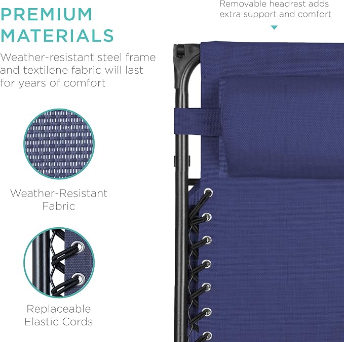 Best Choice Products Folding Zero Gravity Outdoor Recliner Patio Lounge Chair w/Adjustable Canopy Shade, Headrest, Side Accessory Tray, Textilene Mesh - Navy Blue