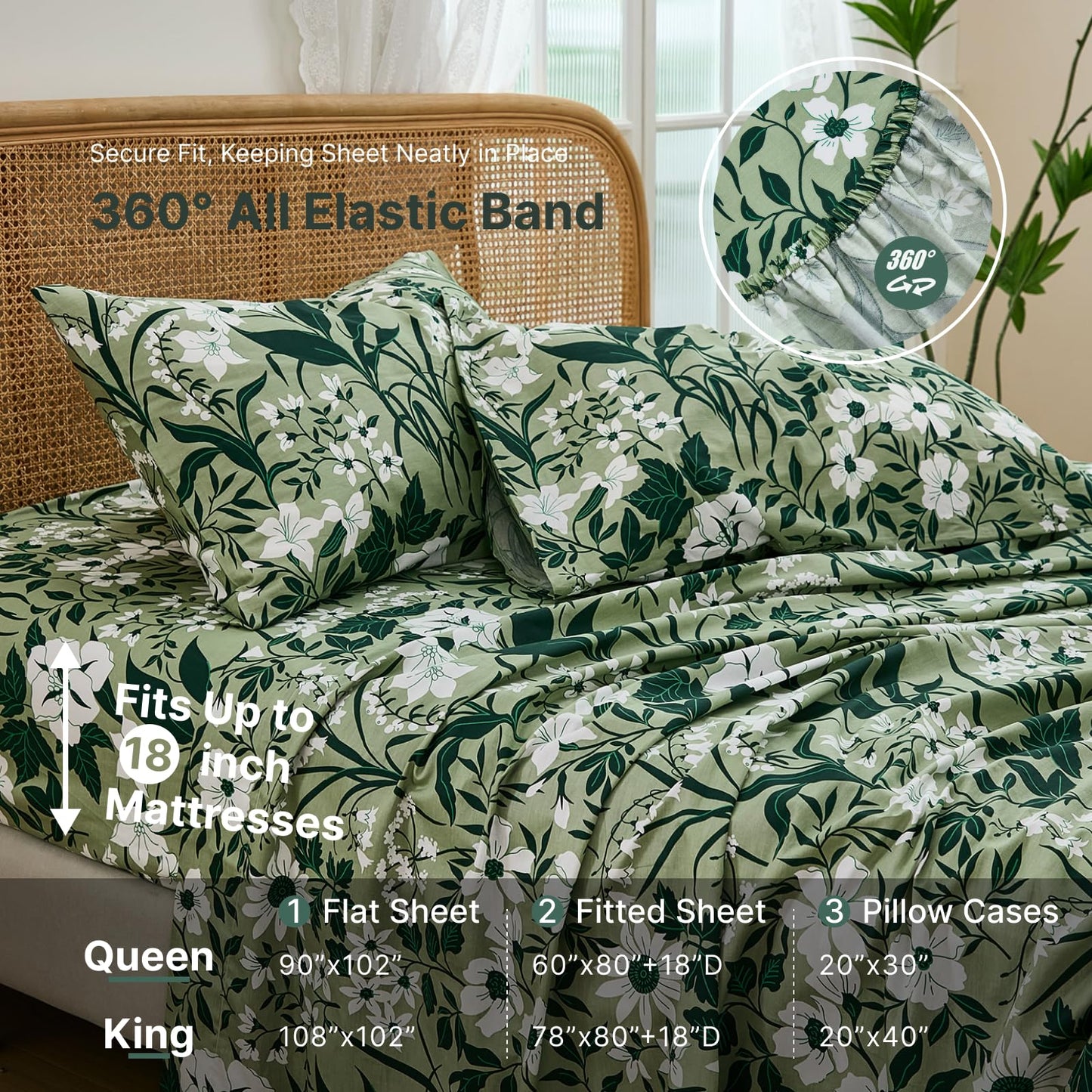 Cozaline 100% Cotton Sheet Set Queen Size – 4-Piece Luxury Forest Green Floral Bedding, Soft Breathable Percale Weave, Deep Pocket Fitted Sheet 17.5", Crisp Cool Feel, Refined Botanical Elegance