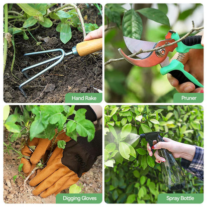 Heavy Duty Garden Tools Set, 9-Piece Stainless Steel Rust-Proof Gardening Kit with Non-Slip Ergonomic Handles & Durable Storage Tote Bag, Gardening Gifts for Women Men, Indoor/Outdoor Plant Tools