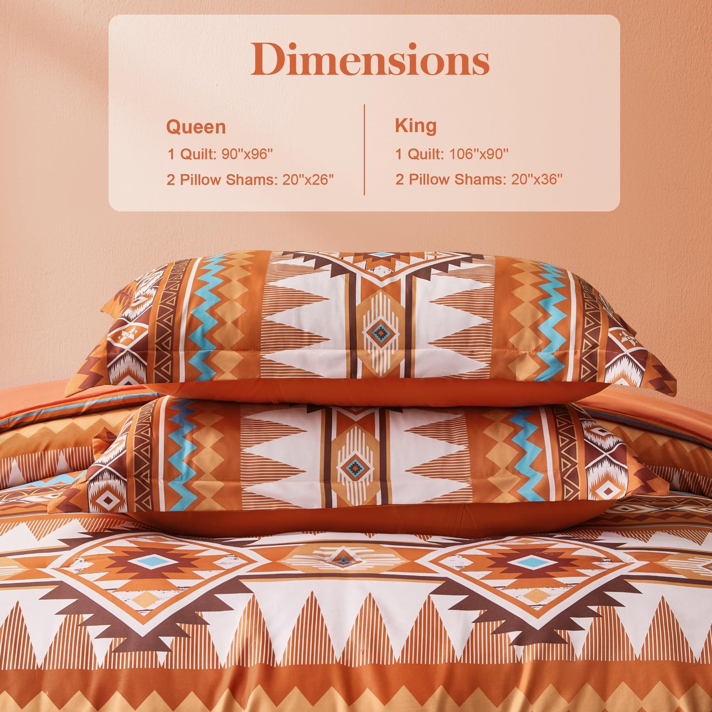 Tyrot Burnt Orange King Size Comforter Set – 3 Piece Boho Aztec Western Bedding Sets, Soft Lightweight Comforter for All Seasons, Southwestern Style, 1 Comforter & 2 Pillow Shams